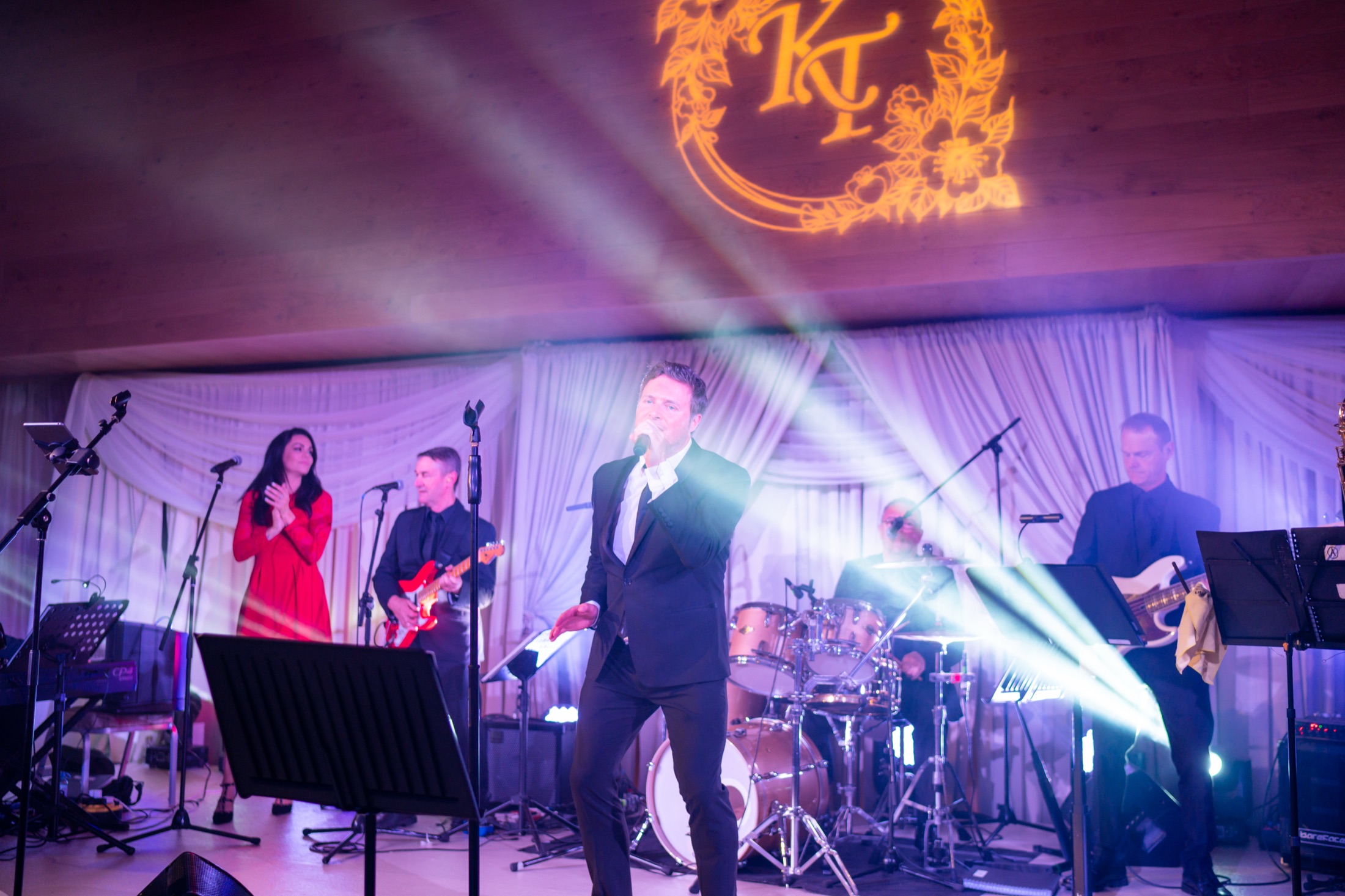 Live band performing on stage under event lighting