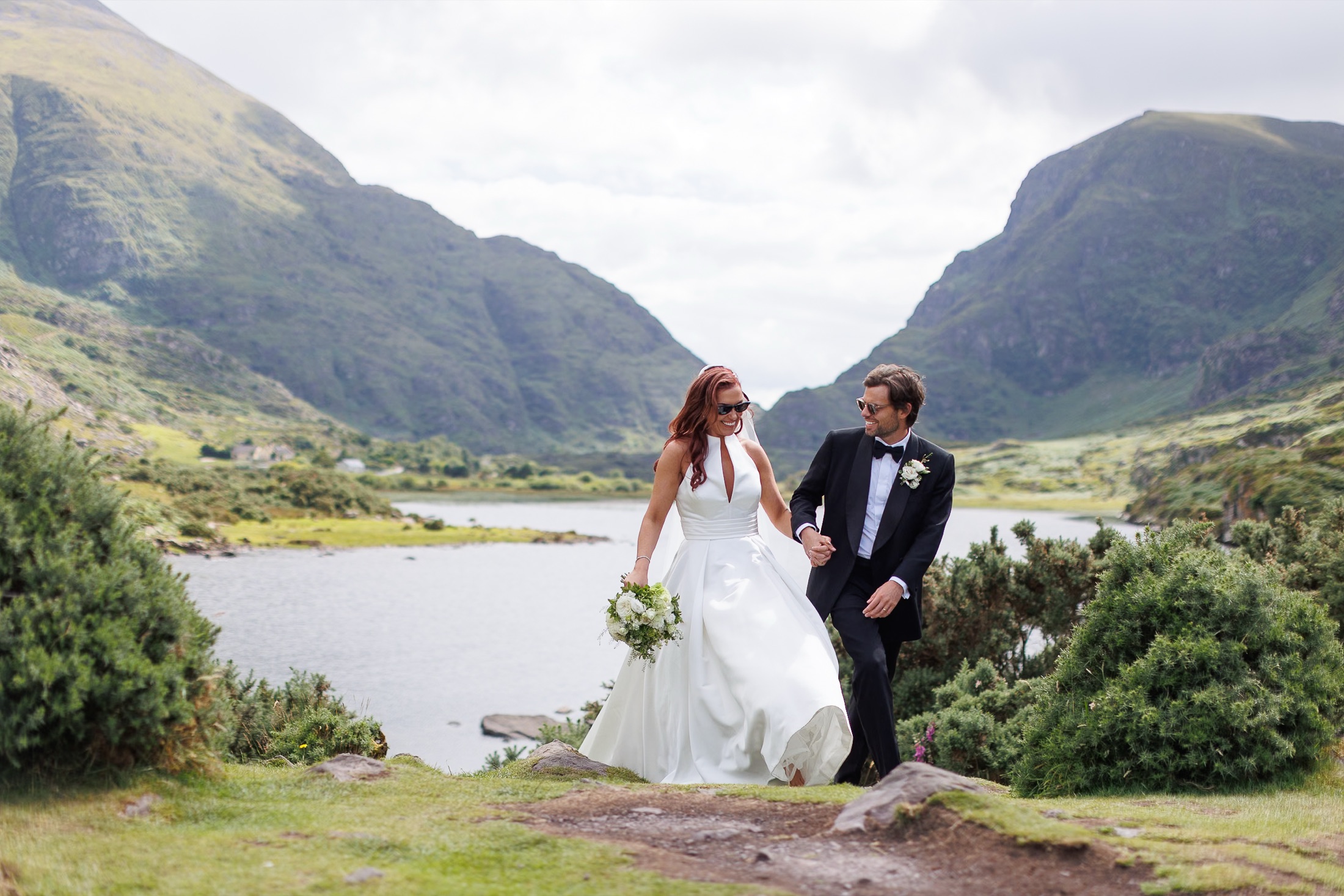 Bride and groom in the Gap of Dunloe, Killarney, on their wedding day