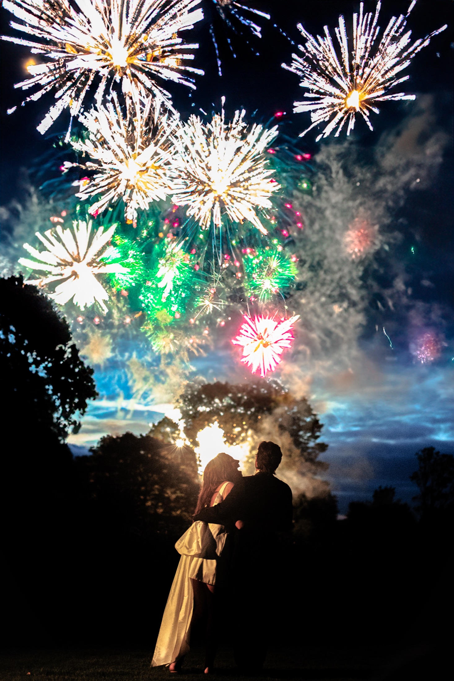 Couple watching fireworks light up the sky at their celebration
